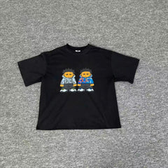 Mertra Twin Figures Cartoon Graphic Tee - Black