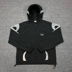 Mertra Patterned Panel Hooded Windbreaker - Black